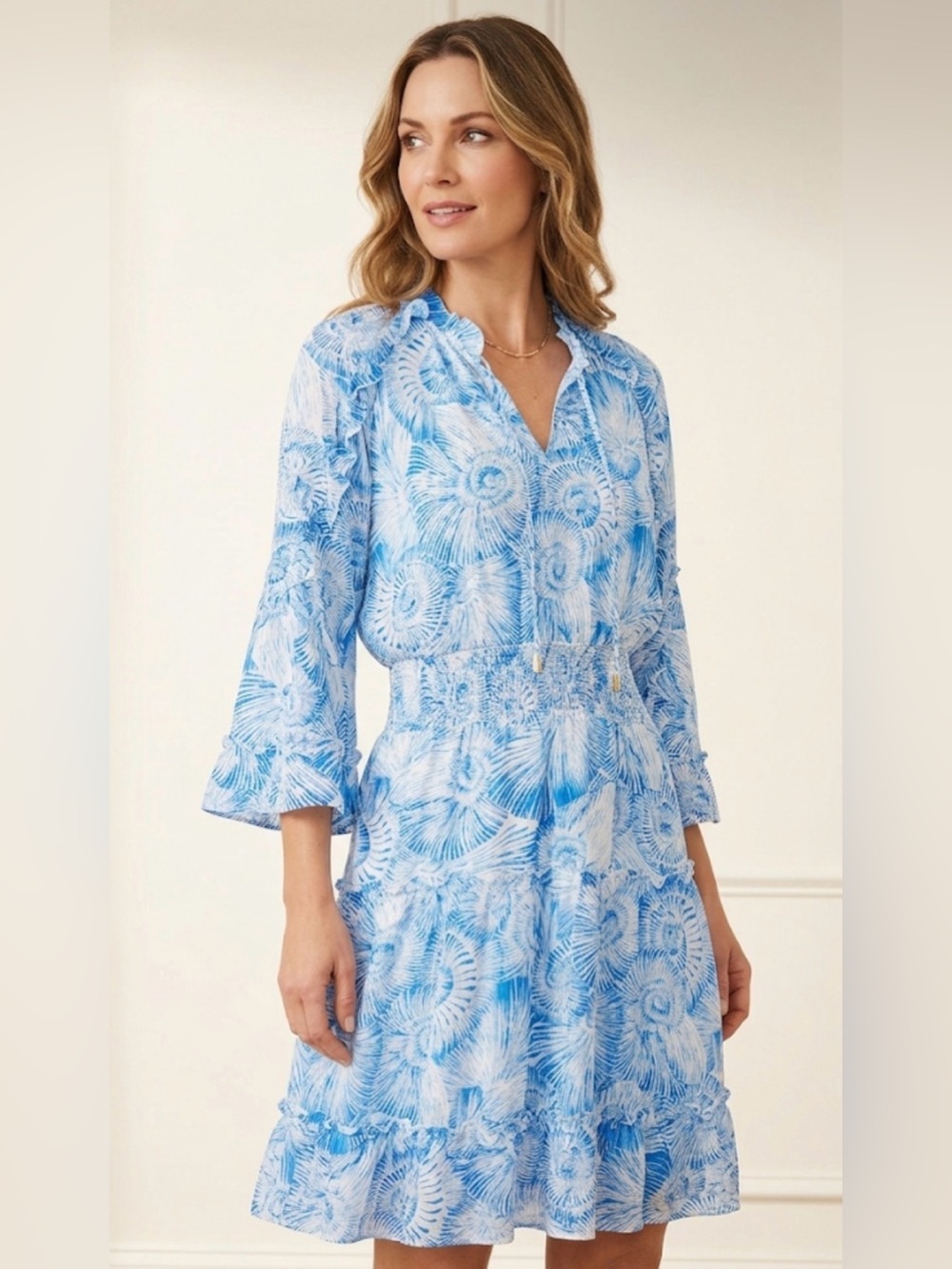 Chico’s Blue White Seashell Print Smocked Waist Ruffle Dress Size 0 / S